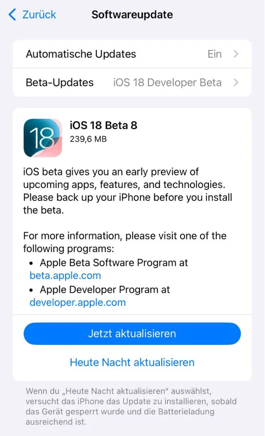 凤庆苹果手机维修分享苹果 iOS / iPadOS 18 开发者预览版 Beta 8 发布 